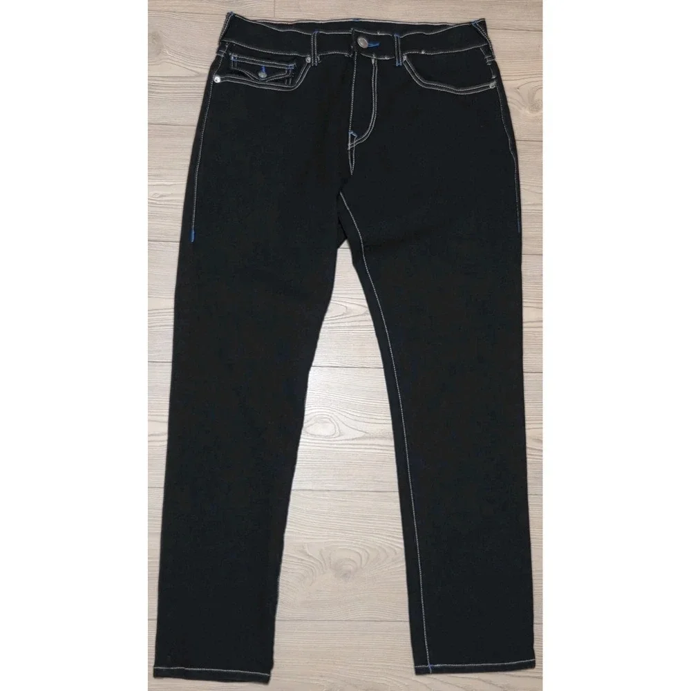 True Religion Jeans Mens 34 Geno Relaxed Slim Stretch Black /w Blue Stitching